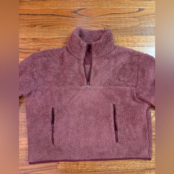 Girlfriend Collective sherpa Fuzzy Quarter zip pink maroon burgundy size small - Picture 3 of 7